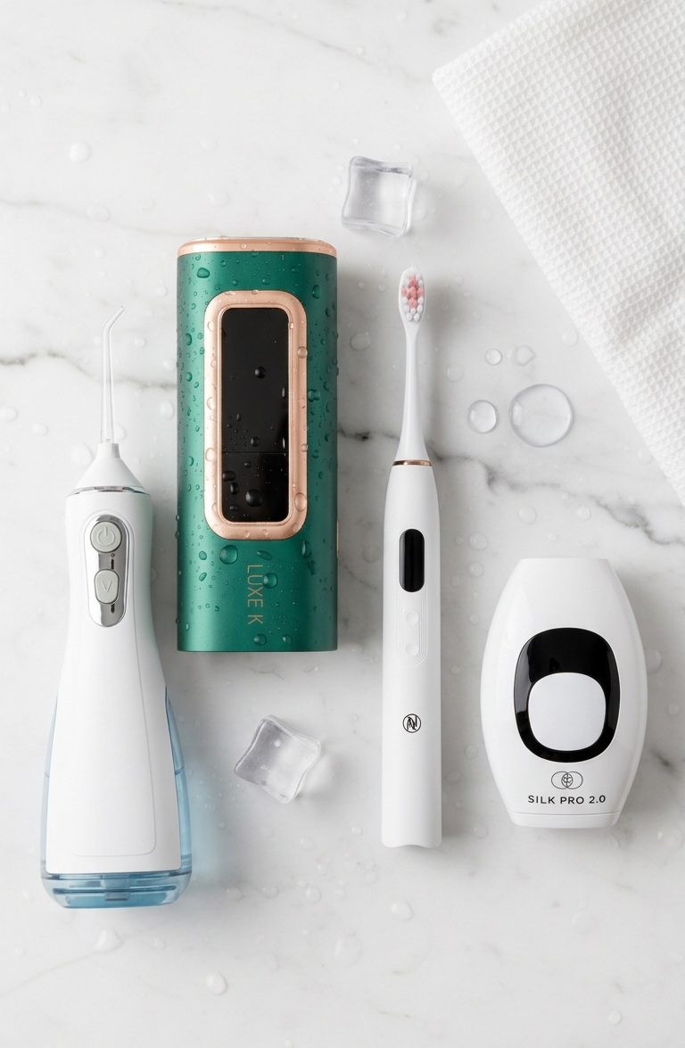Luxecare beauty and wellness devices arranged on a marble surface