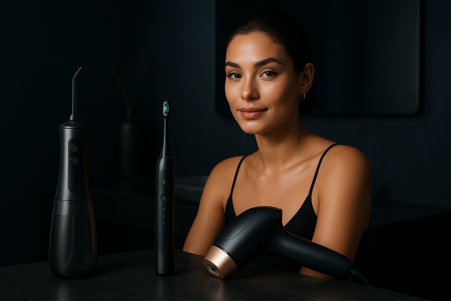 I want an image with dark background for a personal care store home page hero banner where it features something related to a water flosser, sonic toothbrush or ipl hair removal device. It could be a woman or anything related.