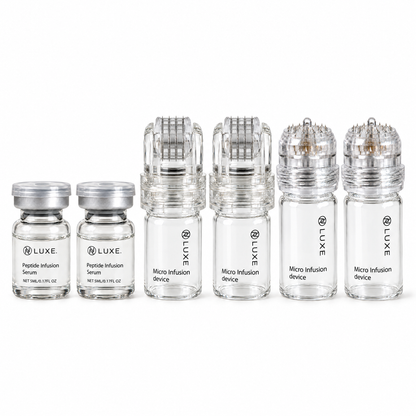 What is in every LUXE Micro-Infusion Kit box: two serum vials, two roller heads and two stamp devices, on white