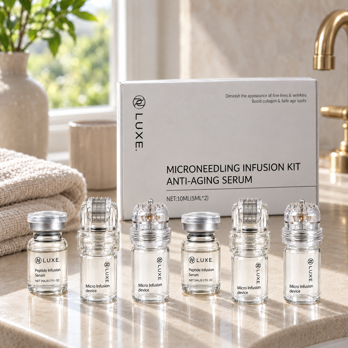 LUXE Micro-Infusion Kit and its contents on a bathroom vanity in morning light
