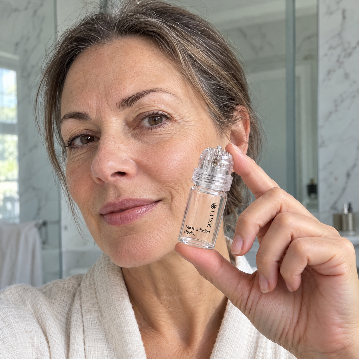 A woman holding the LUXE Micro-Infusion stamp device beside her cheek